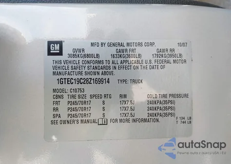 2008 GMC Sierra 1500 Sle1 z USA, uszkodzony, nr VIN 1GTEC19C28Z169914